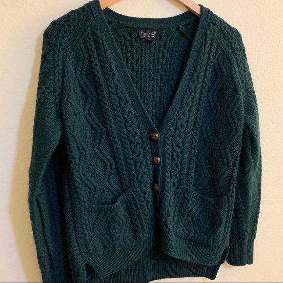 Topshop Green Cable Knit Button Up Cardigan V-Neck Sweater - Picture 6 of 9